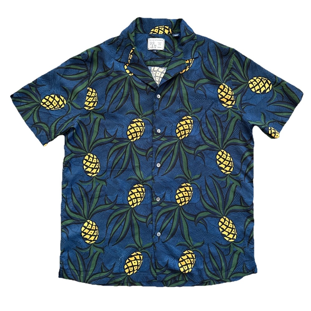 Reyn Spooner Aloha Shirt Men Small Blue Pineapple Print Japanese Rayon Hawaiian